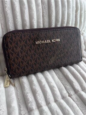 Michael Kors Brown Logo Zip-Around Wallet with Signature and Gold Accents